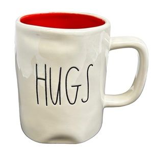 Rae Dunn HUGS Mug White Red Interior Black Large Letters Ceramic NWT Dimples OG